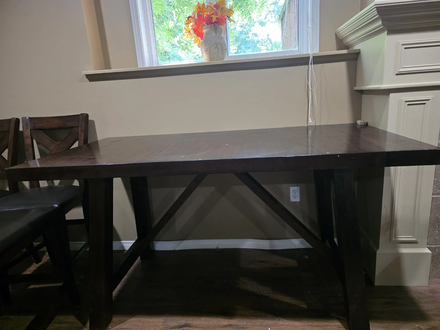 Dark Wood Dining Table with Faux Leather Stools