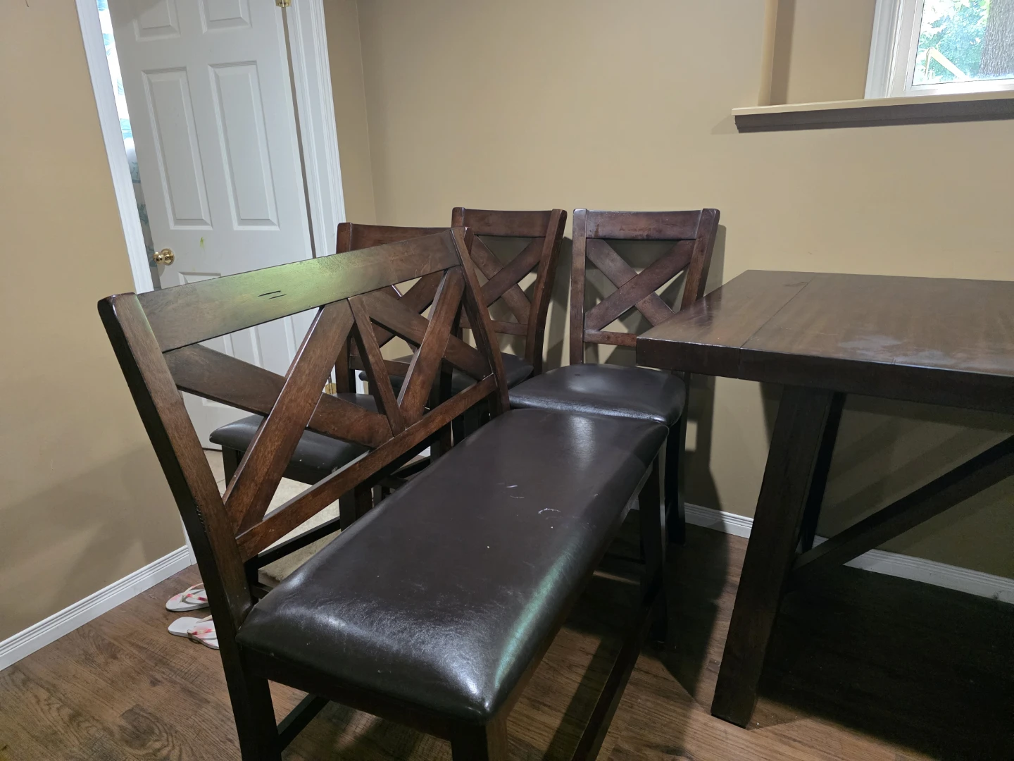 Dark Wood Dining Table with Faux Leather Stools - photo 2