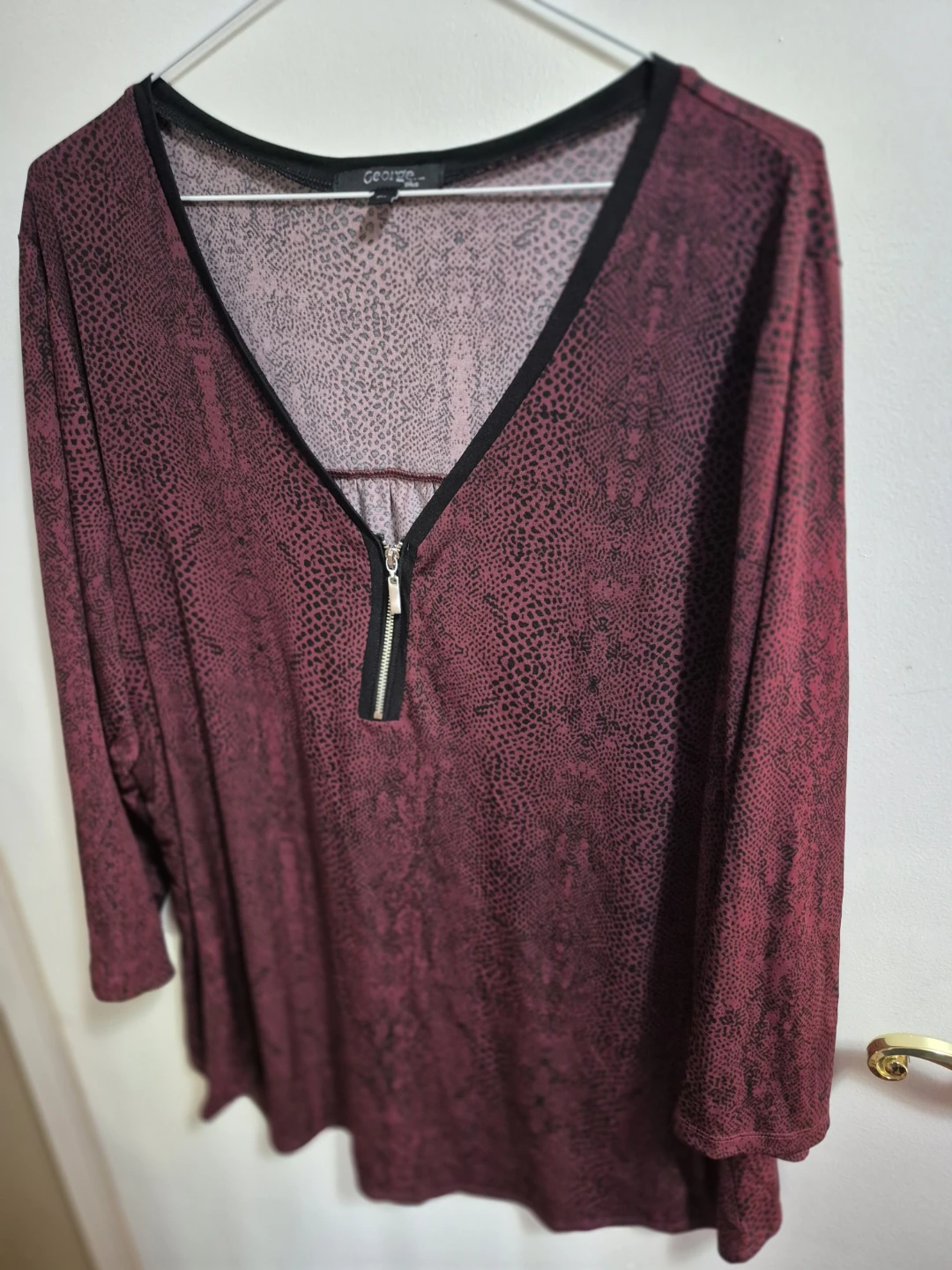 George Burgundy Snake Print V-Neck Zip Top