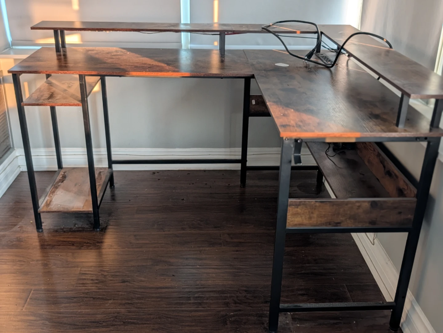 L-shaped computer desk with shelves