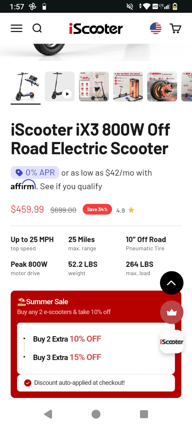 iScooter iX3 800W Off Road Electric Scooter