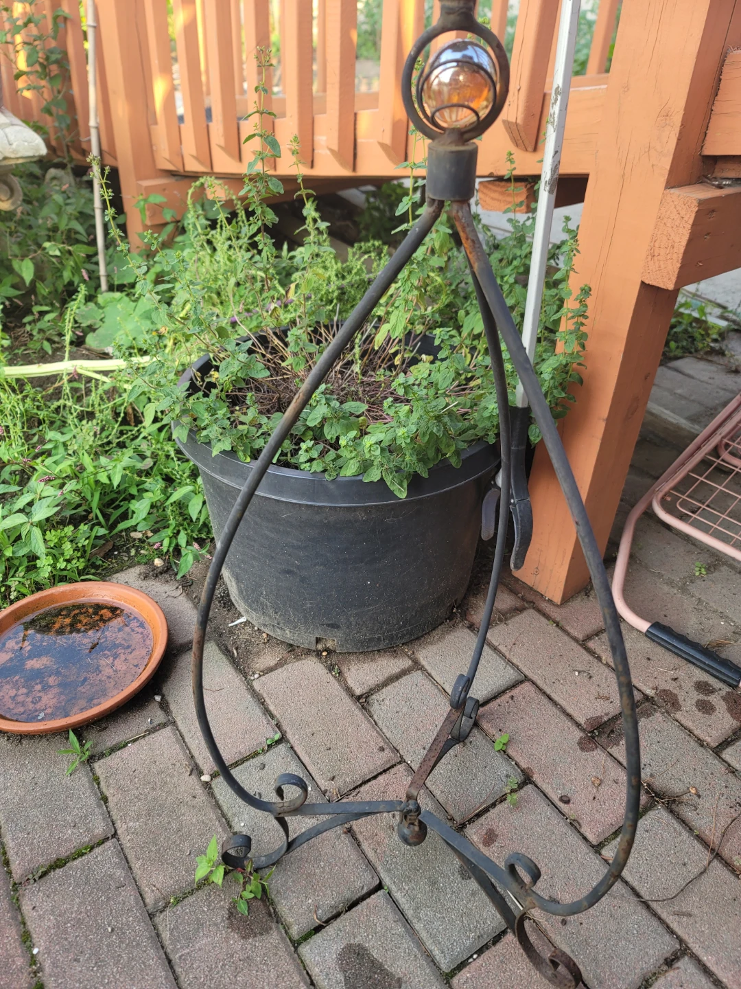 Wrought Iron Lantern Stand with Amber Glass Globe