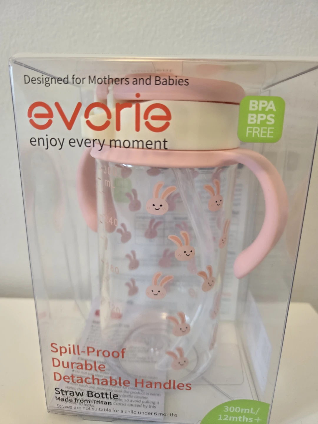 New Evorie Tritan Straw Bottle - 300mL Pink Rabbit