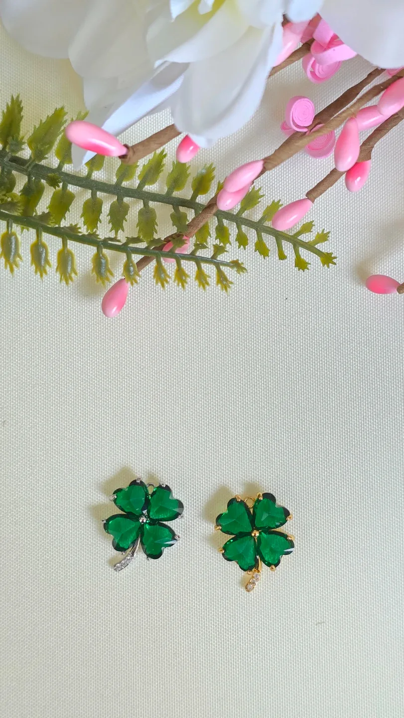 2pc Green Clover Charms with Rhinestones
