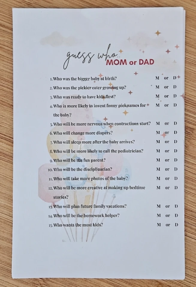 "Guess Who! Mom or Dad?" Baby Shower Game Cards