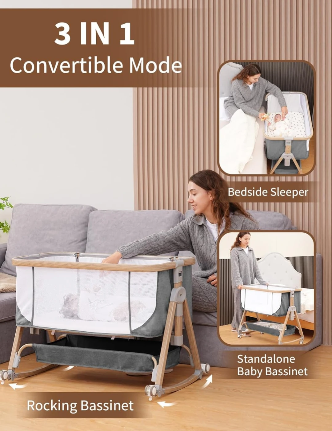 Baby Bassinet Bedside Sleeper – 3-in-1 (Gray) - photo 4