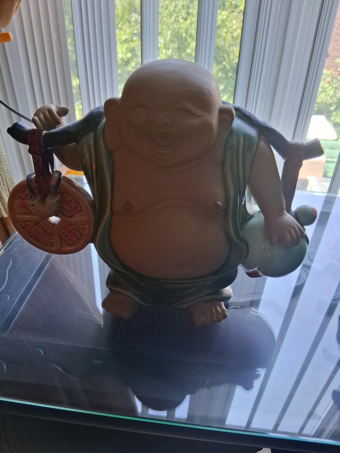 Laughing Buddha Statue with Coin and Gourd