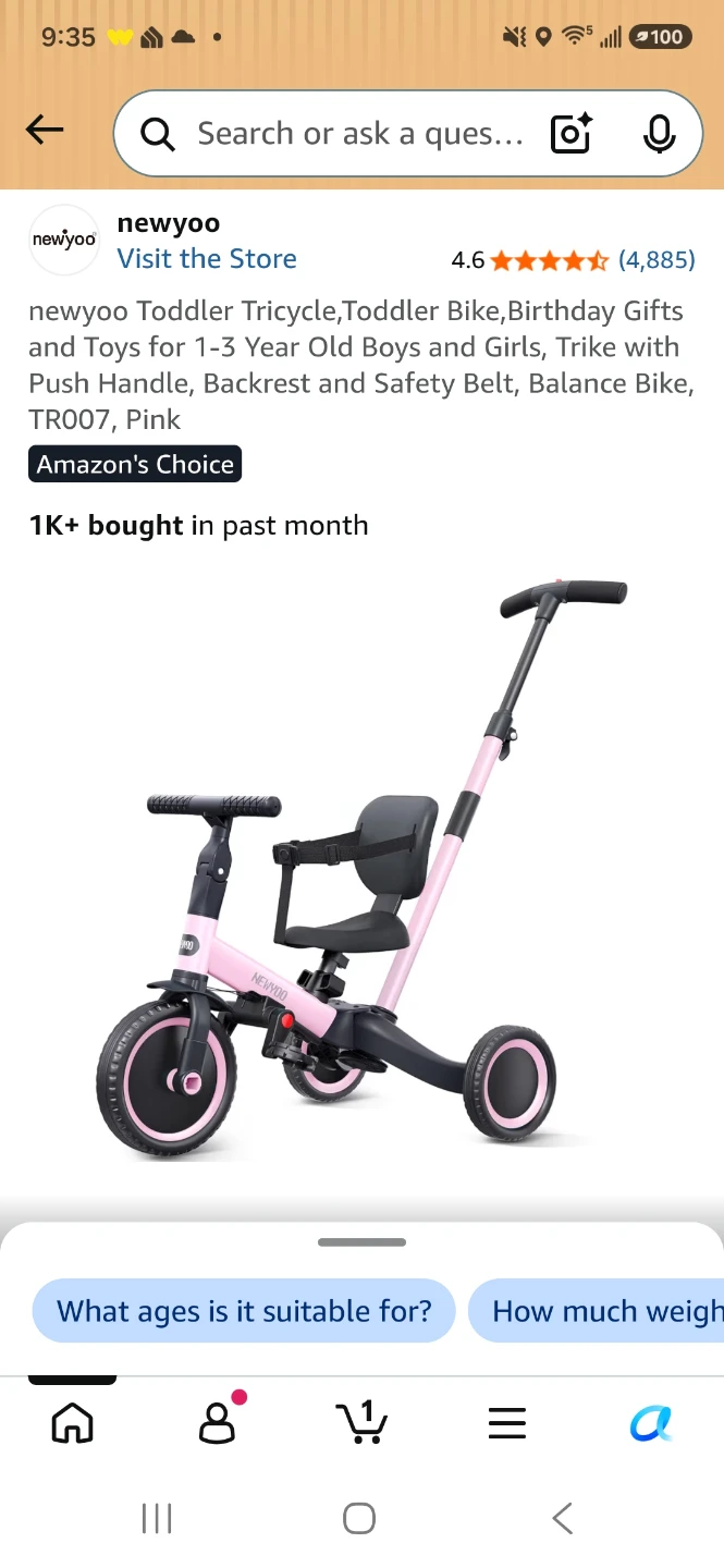 newyoo Toddler Tricycle Bike - Pink