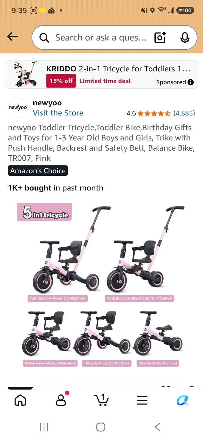 newyoo Toddler Tricycle Bike - Pink - photo 3