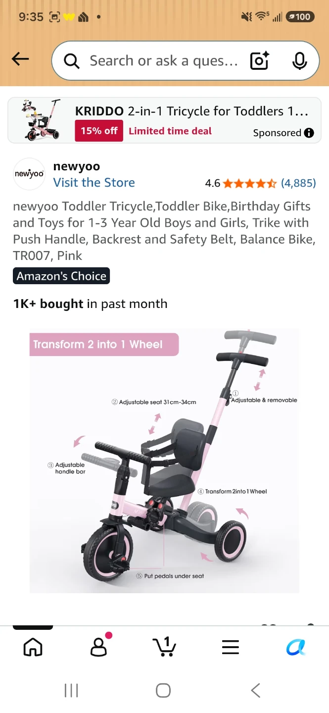 newyoo Toddler Tricycle Bike - Pink - photo 4