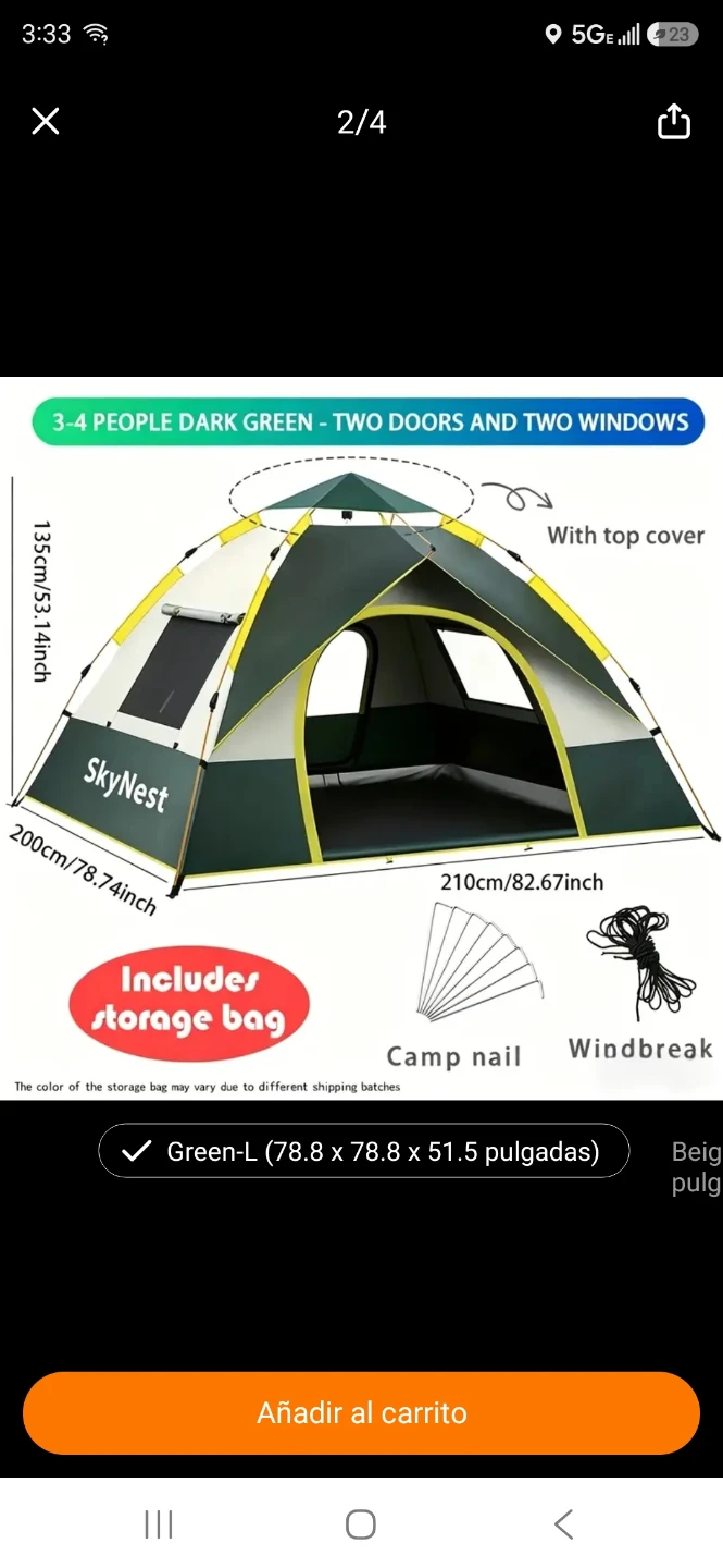 Camping Tent with Storage Bag (3 to 4) people