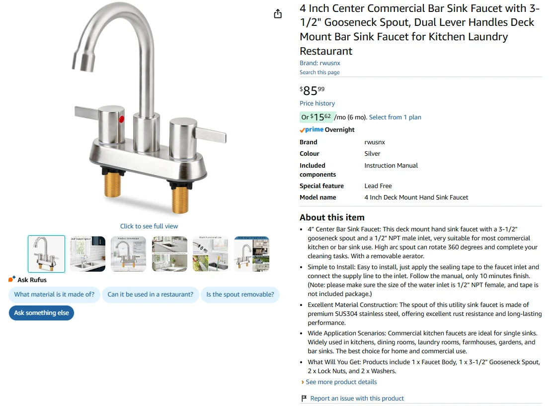 Silver 4 Inch Center Commercial Bar Sink Faucet - photo 2