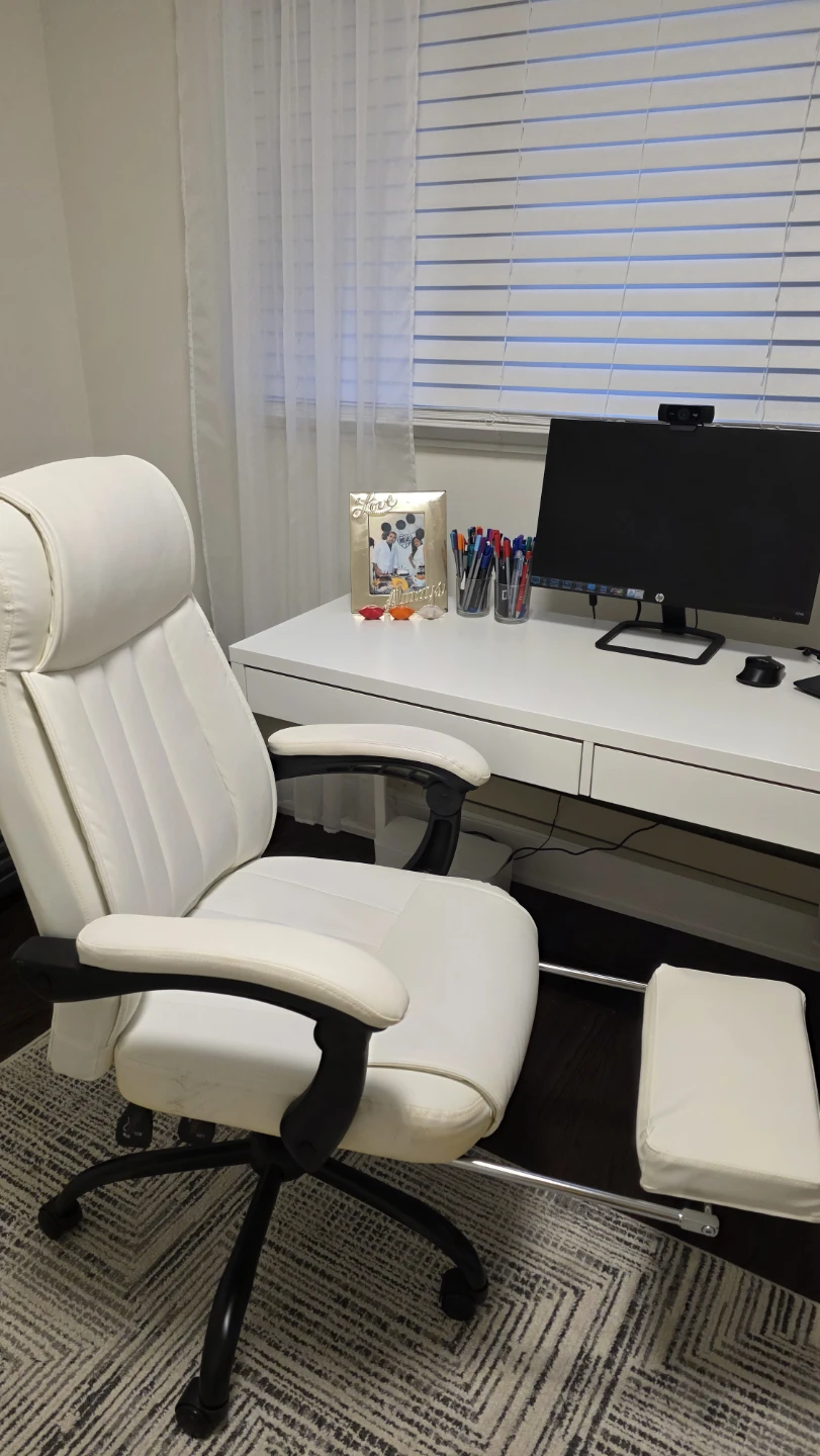 White Faux Leather Office Chair with Footrest - photo 2