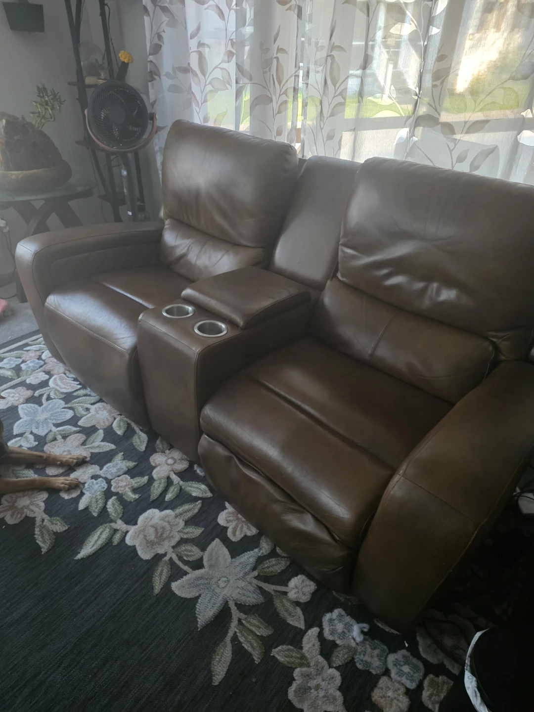 Brown Leather Power Recliner Loveseat with USB Ports