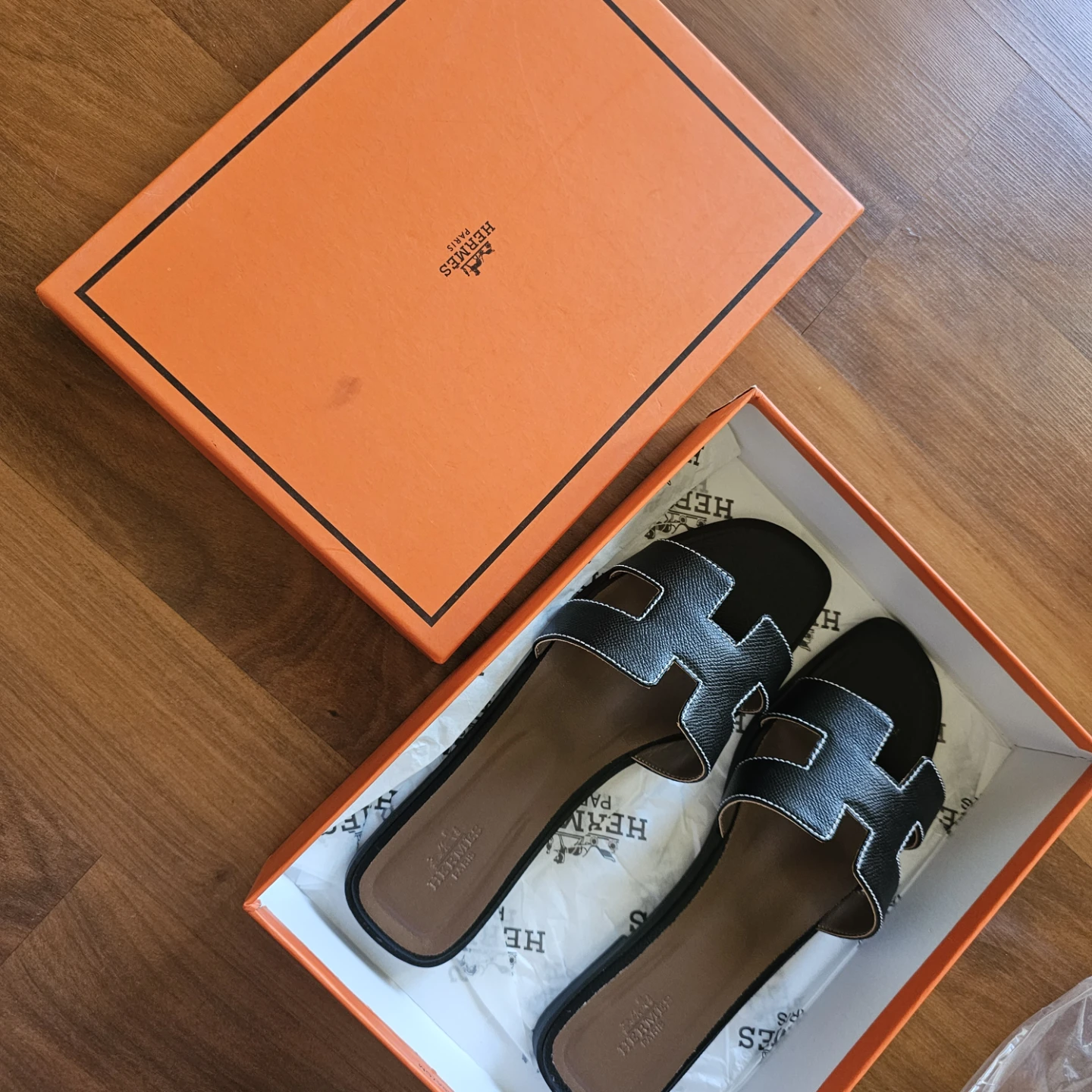 Hermès Black Leather Slide Sandals