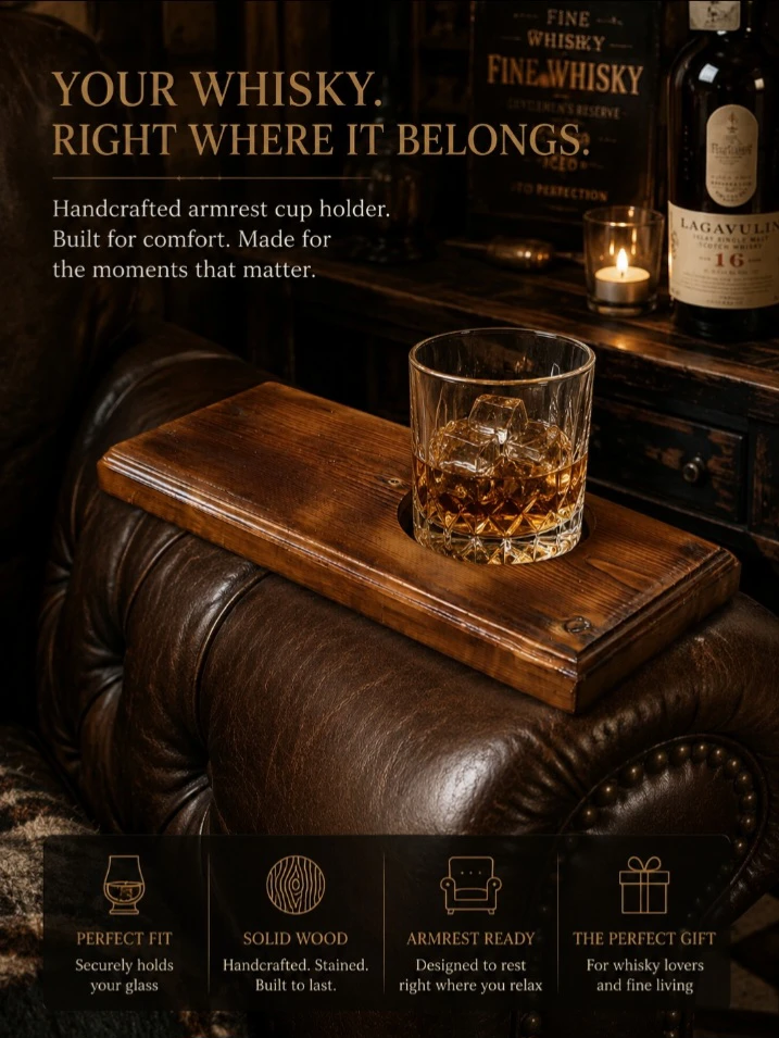 Wooden Armrest Cup Holder for Whiskey
