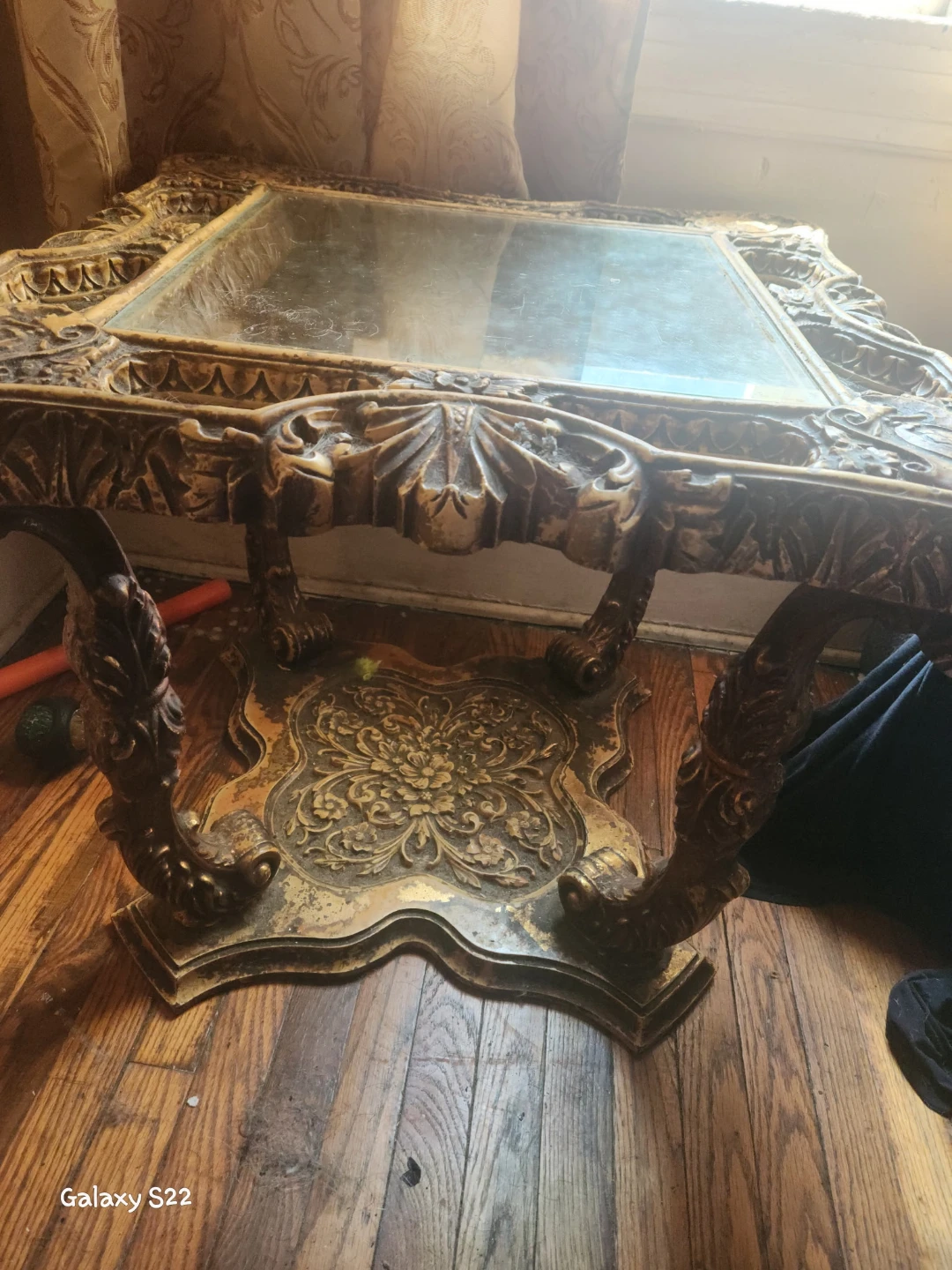 Ornate Gold Carved Accent Table with Mirrored Top