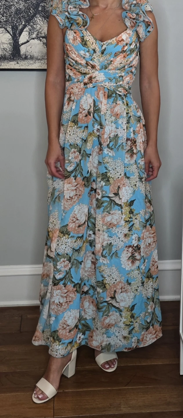 Blue Floral Maxi Dress with Ruffle Shoulders