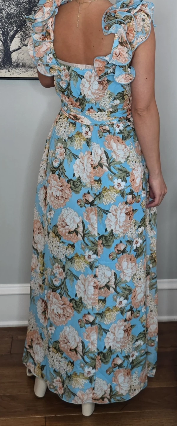 Blue Floral Maxi Dress with Ruffle Shoulders - photo 2