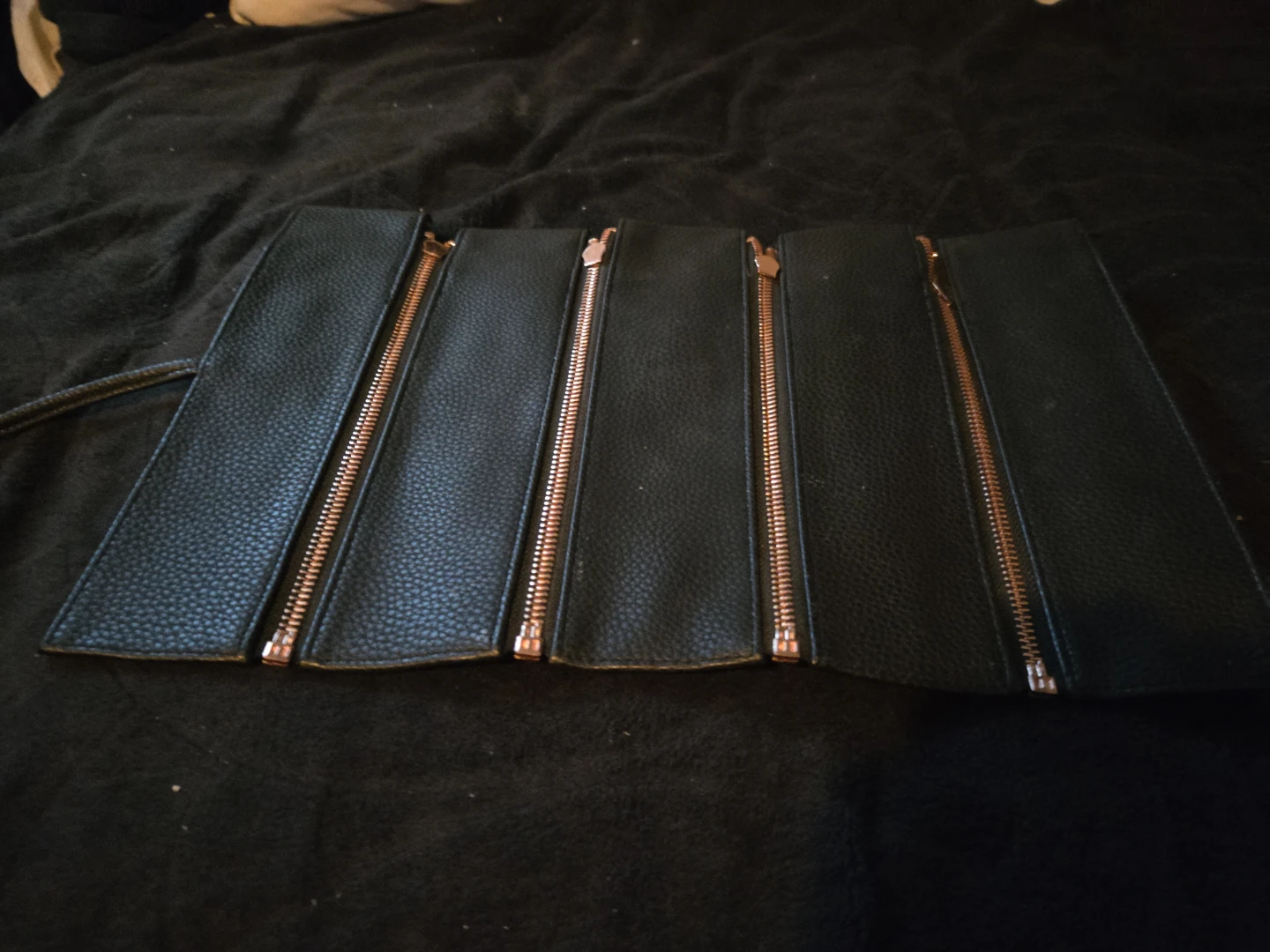 Black Faux Leather Jewelry Roll with Rose Gold Zippers