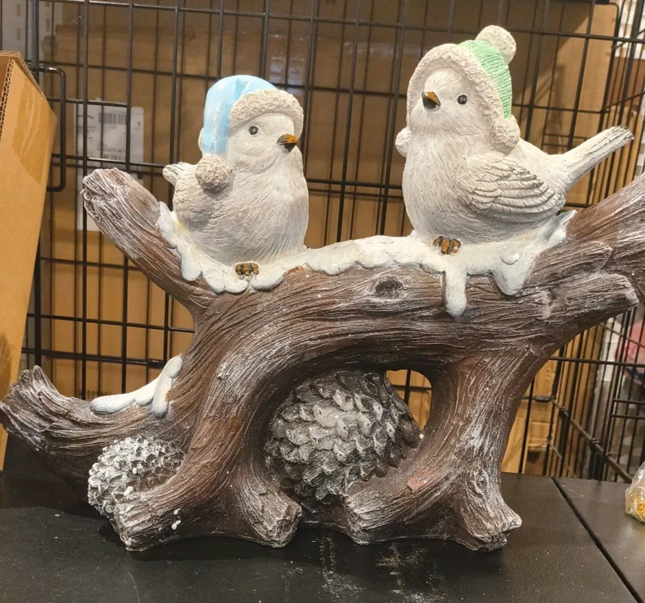 Two Snow-Covered Birds Figurine on Branch
