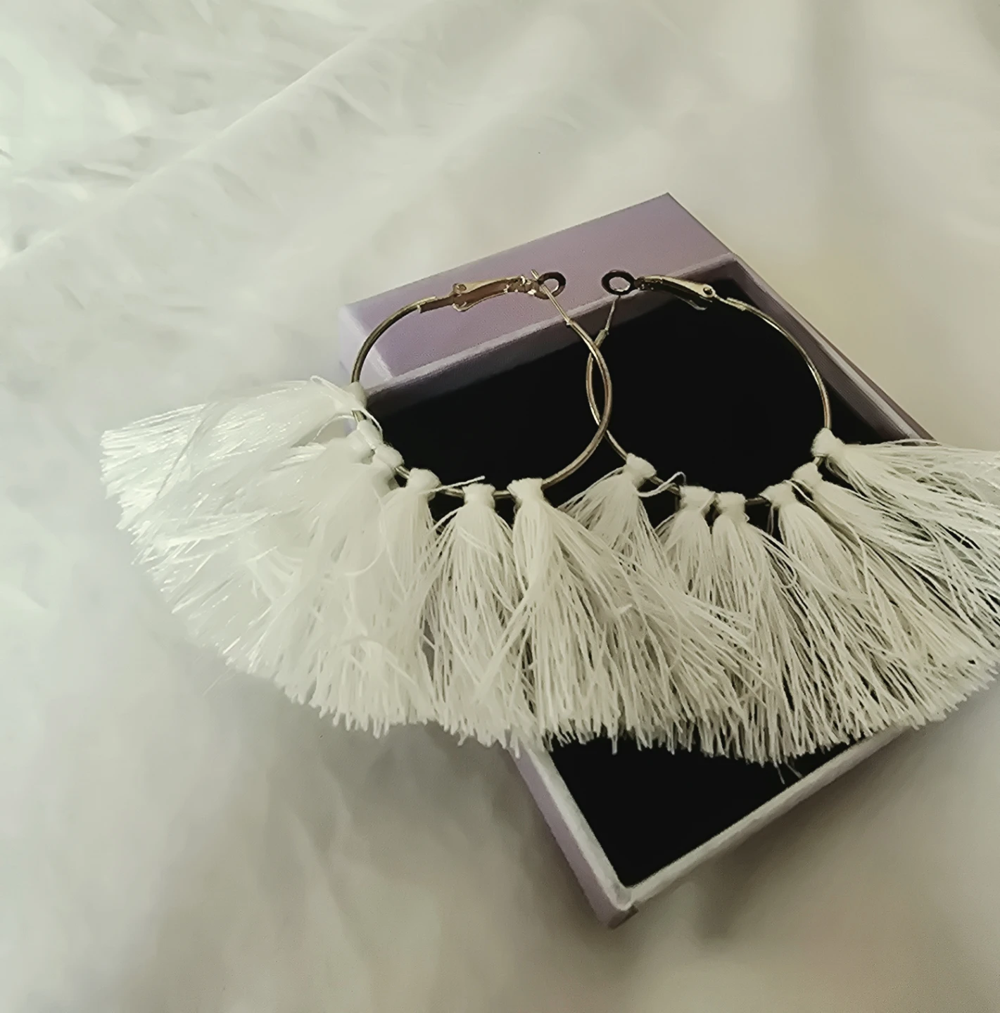 White Tassel Hoop Earrings with Box