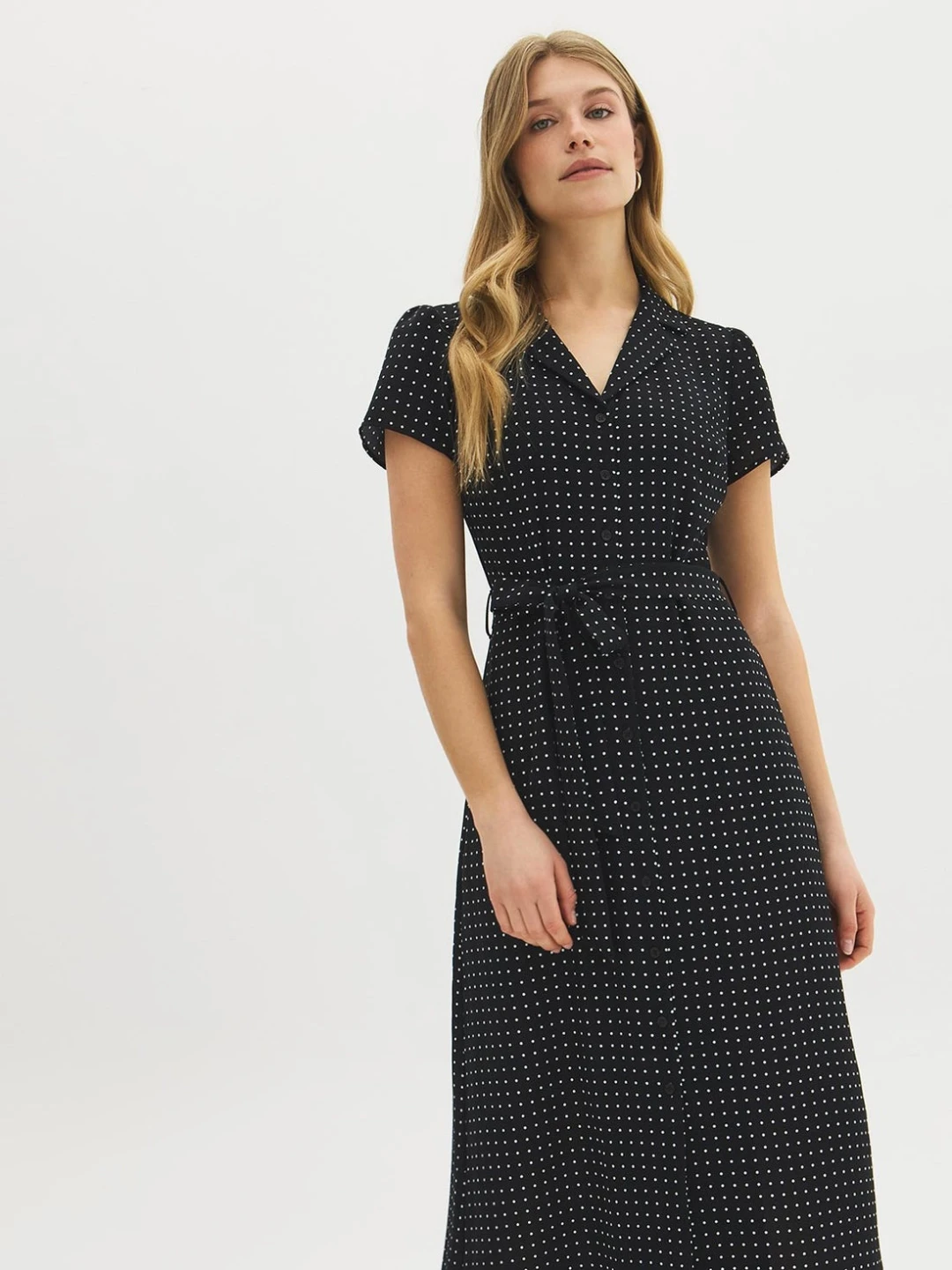 Suzi- Women's Black Polka Dot Midi Dress size S