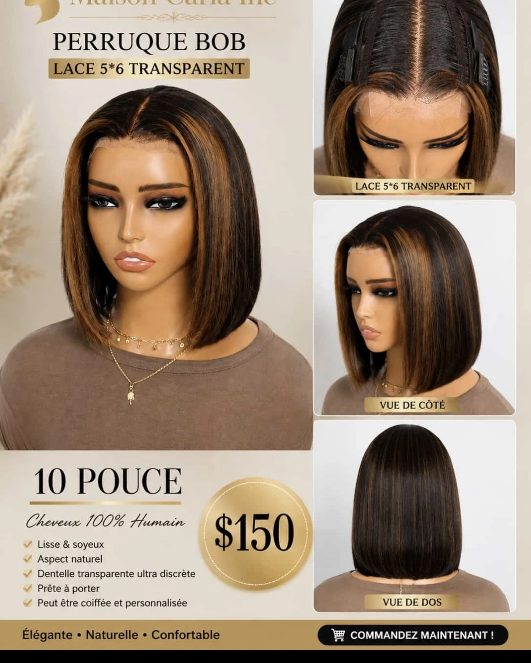Perruque Bob 10 pouces Cheveux 100% Humain