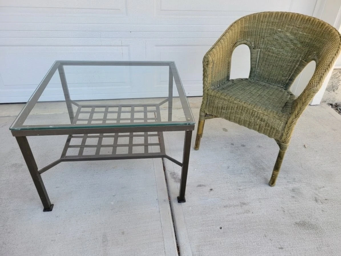Mid-Century Style Wicker Chair & Metal Side Table Set.