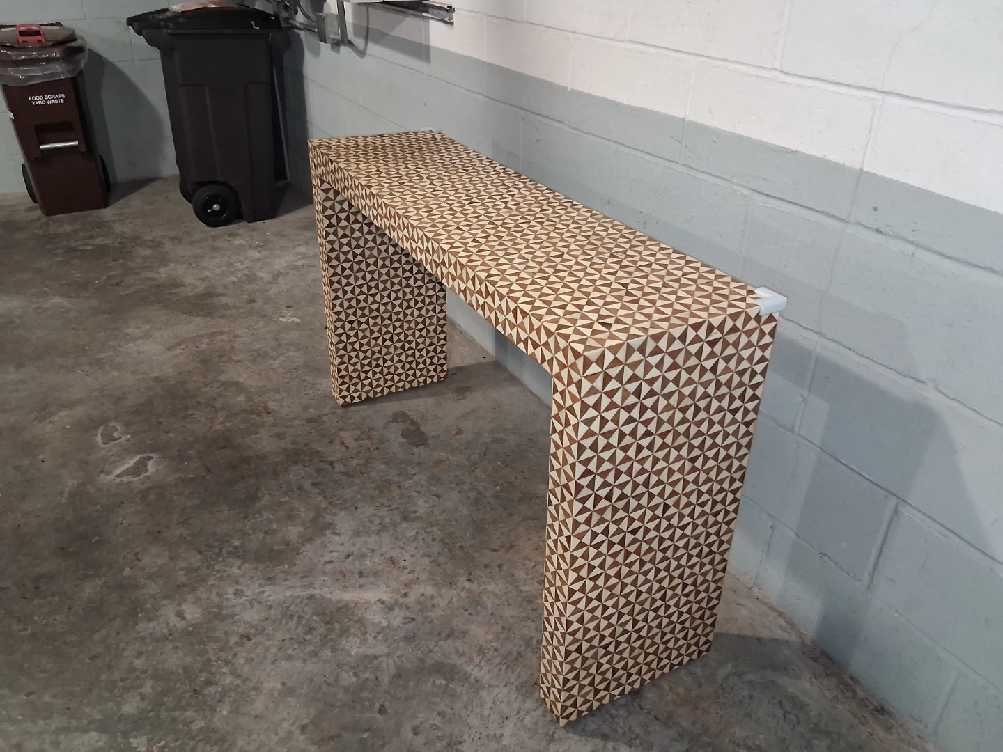Mosaic Console Table - Geometric Wood and Ivory Pattern