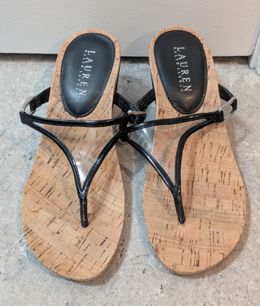 Lauren Ralph Lauren Black Thong Wedge Sandals