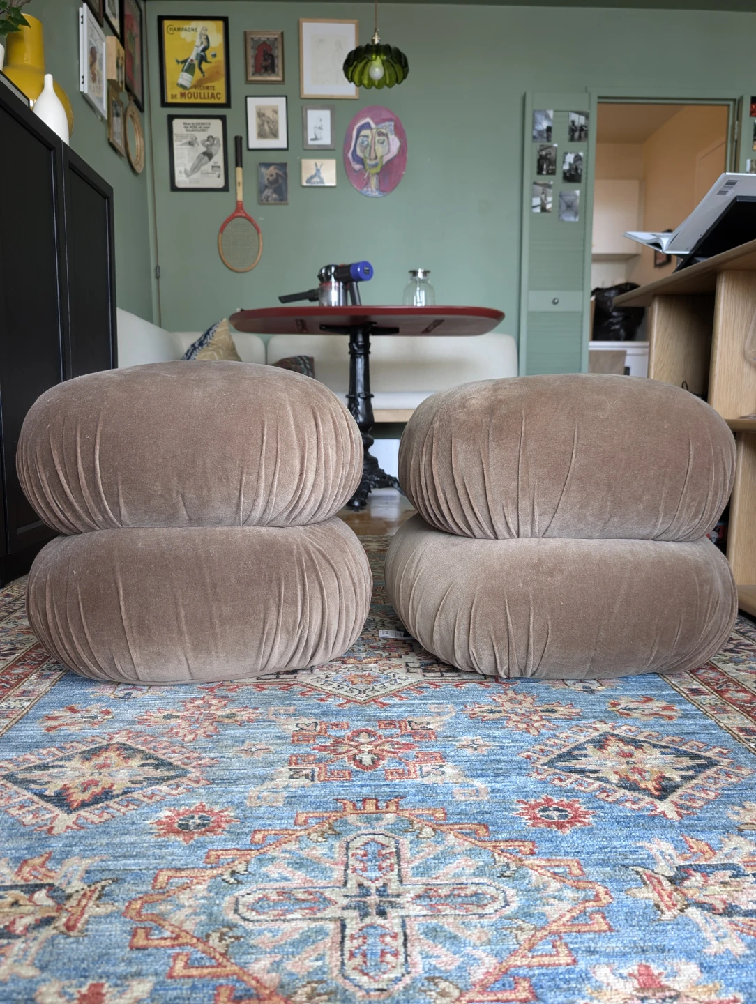 CB2 Ruched Dark Beige Velvet Pouf x2