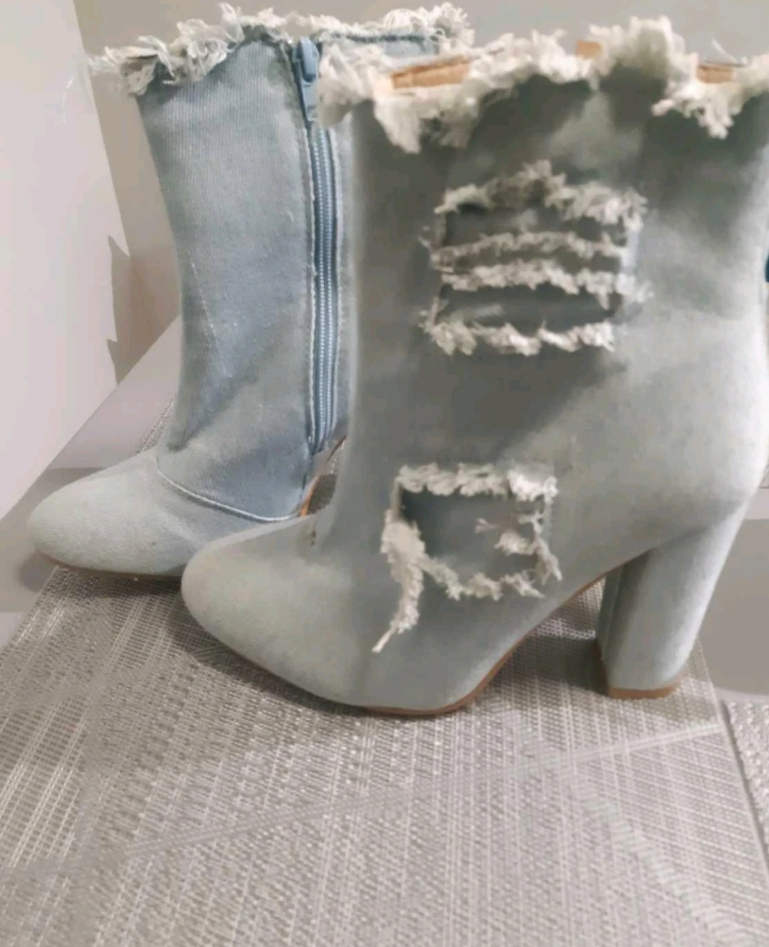 Light Wash Denim Distressed Ankle Boots