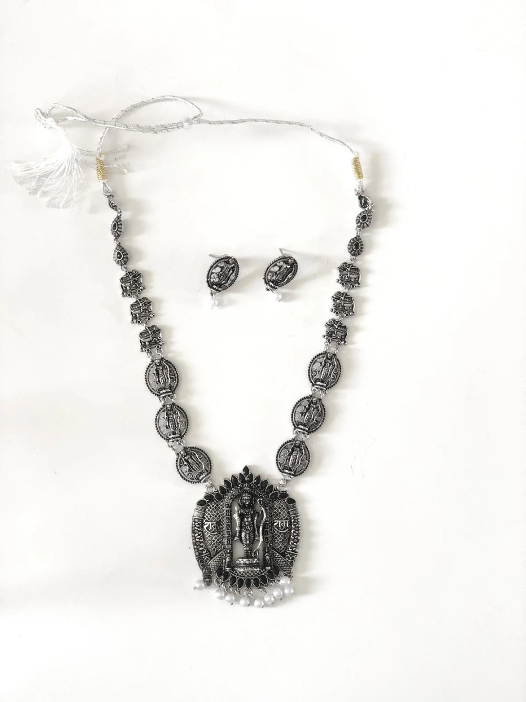 Silver Tone Shri Ram Pendant Necklace and Earrings Set