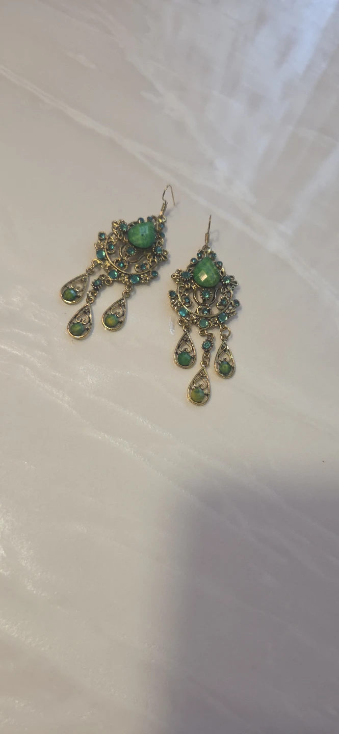 Gold-tone Chandelier Earrings with Green Stones