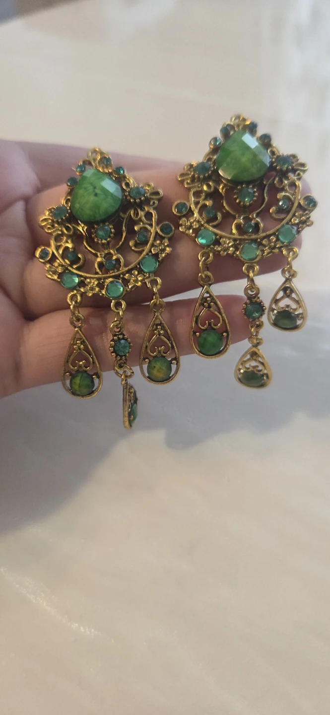 Gold-tone Chandelier Earrings with Green Stones - photo 3