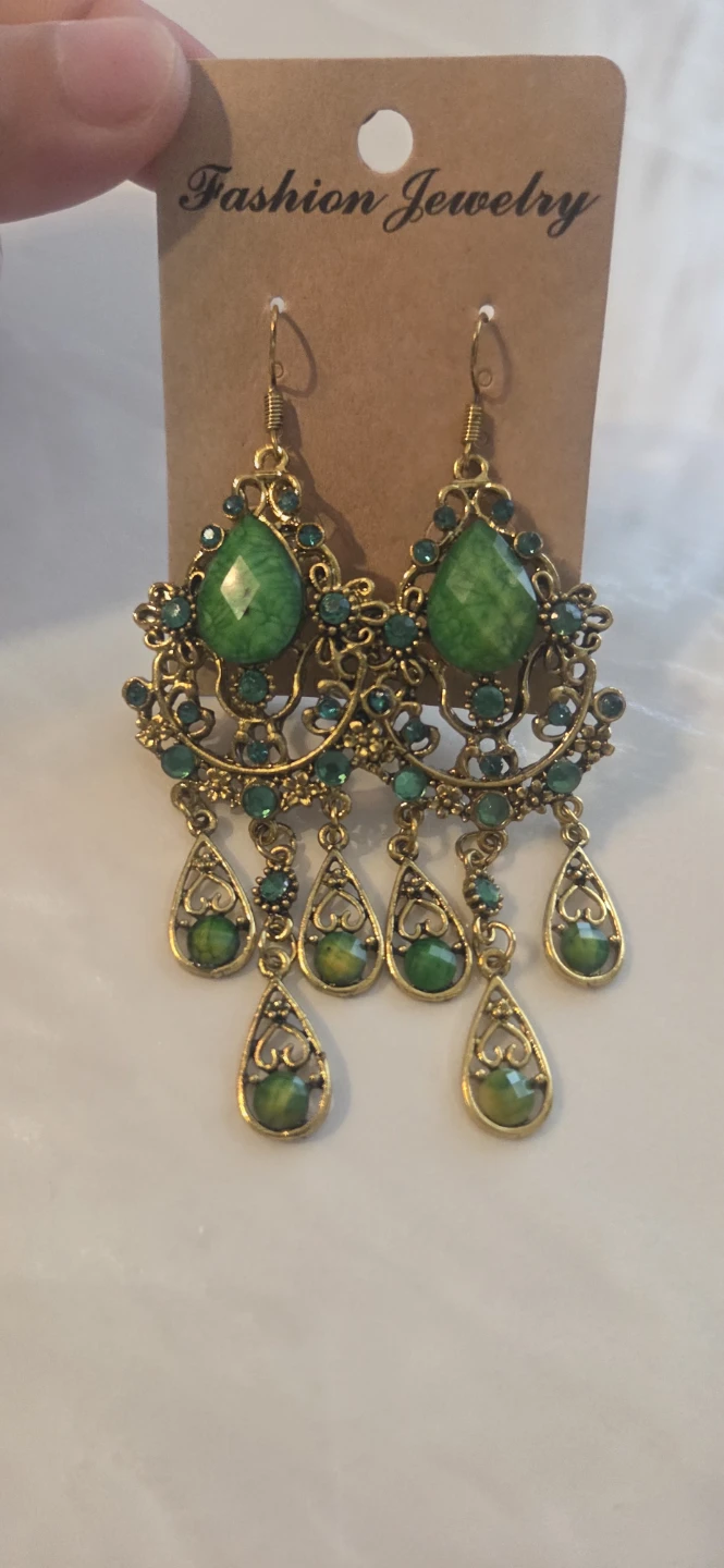 Gold-tone Chandelier Earrings with Green Stones - photo 4