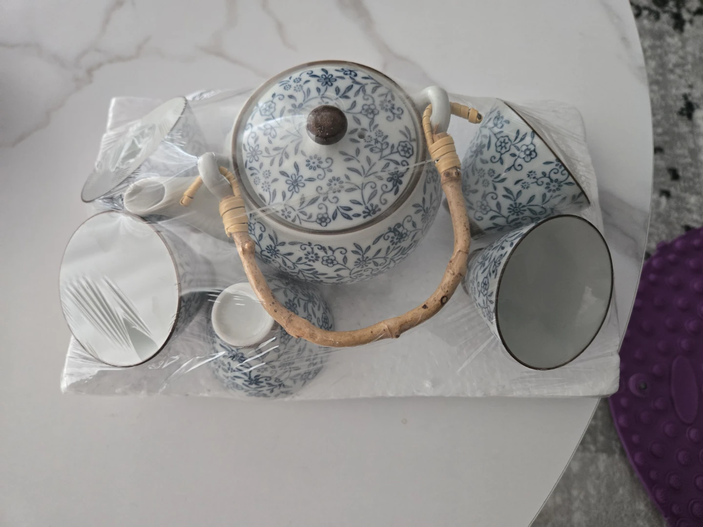 Blue and White Floral Teapot Set with Cups