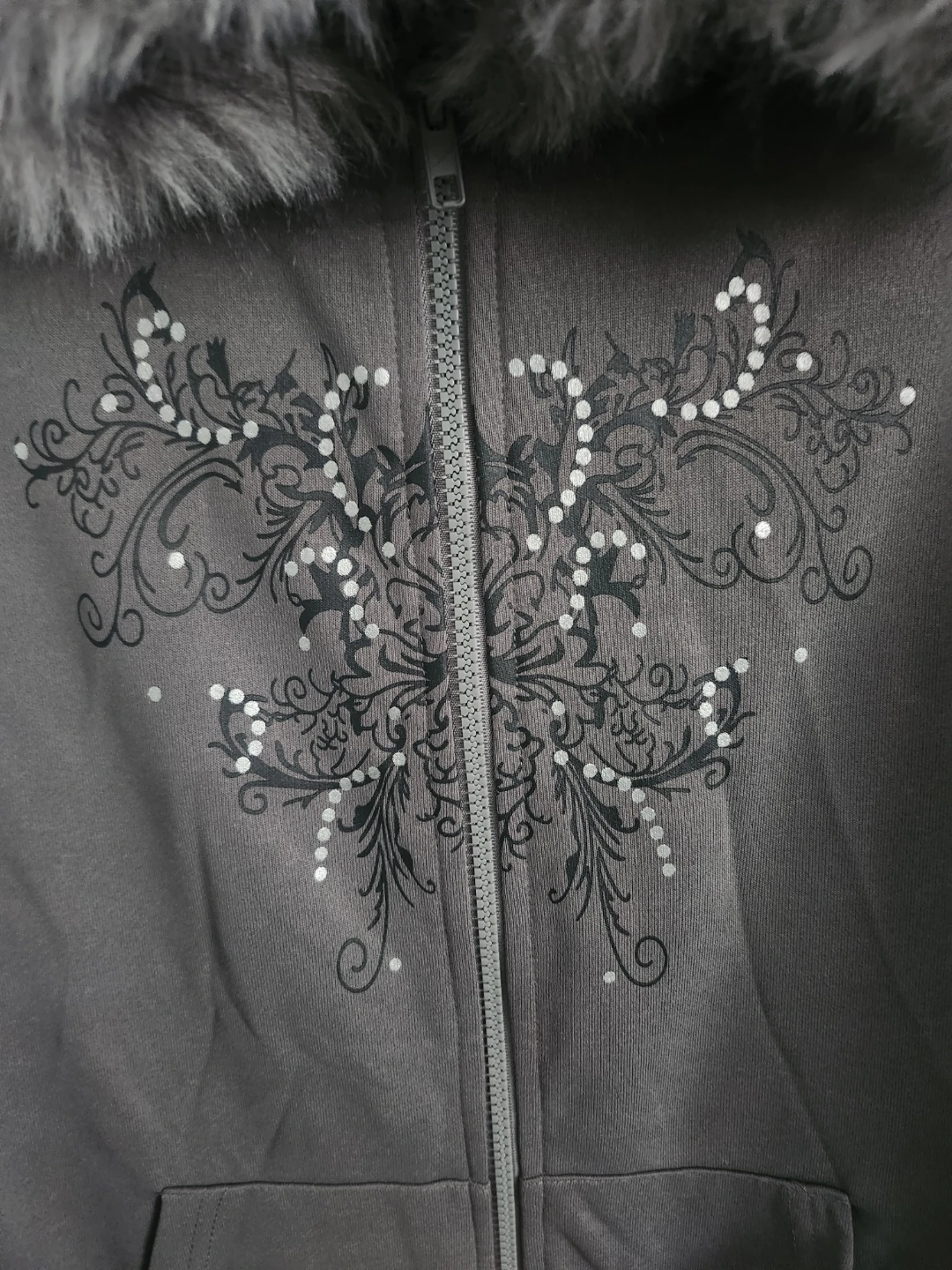 Y2K retro Grey Zip-Up Hoodie with Faux Fur - Size L - photo 5