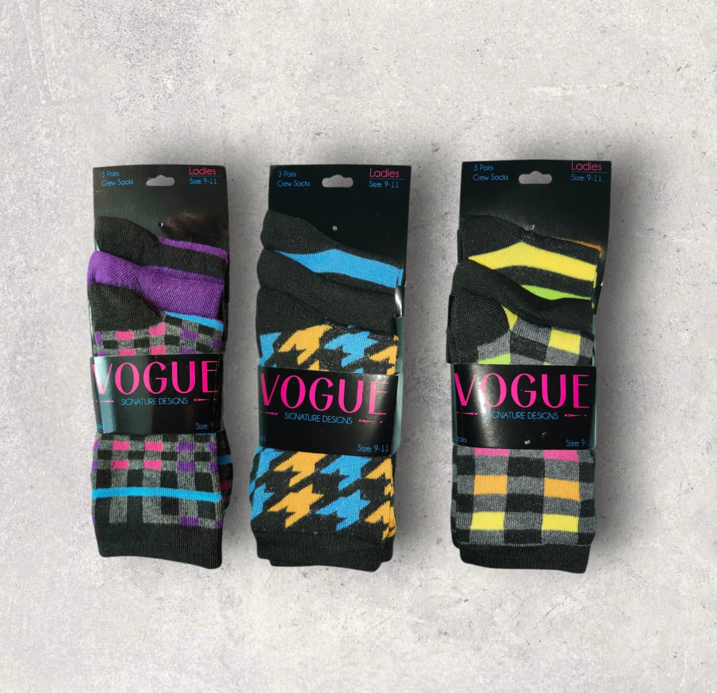 Vogue Ladies 3-Pair Crew Socks Size 9-11