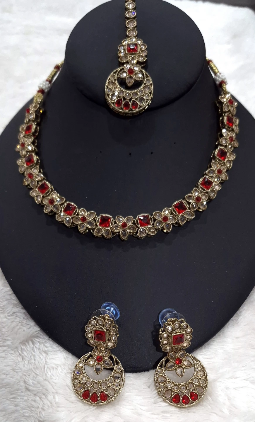 Red and Gold Indian Jewellery Set with Necklace and Earrings