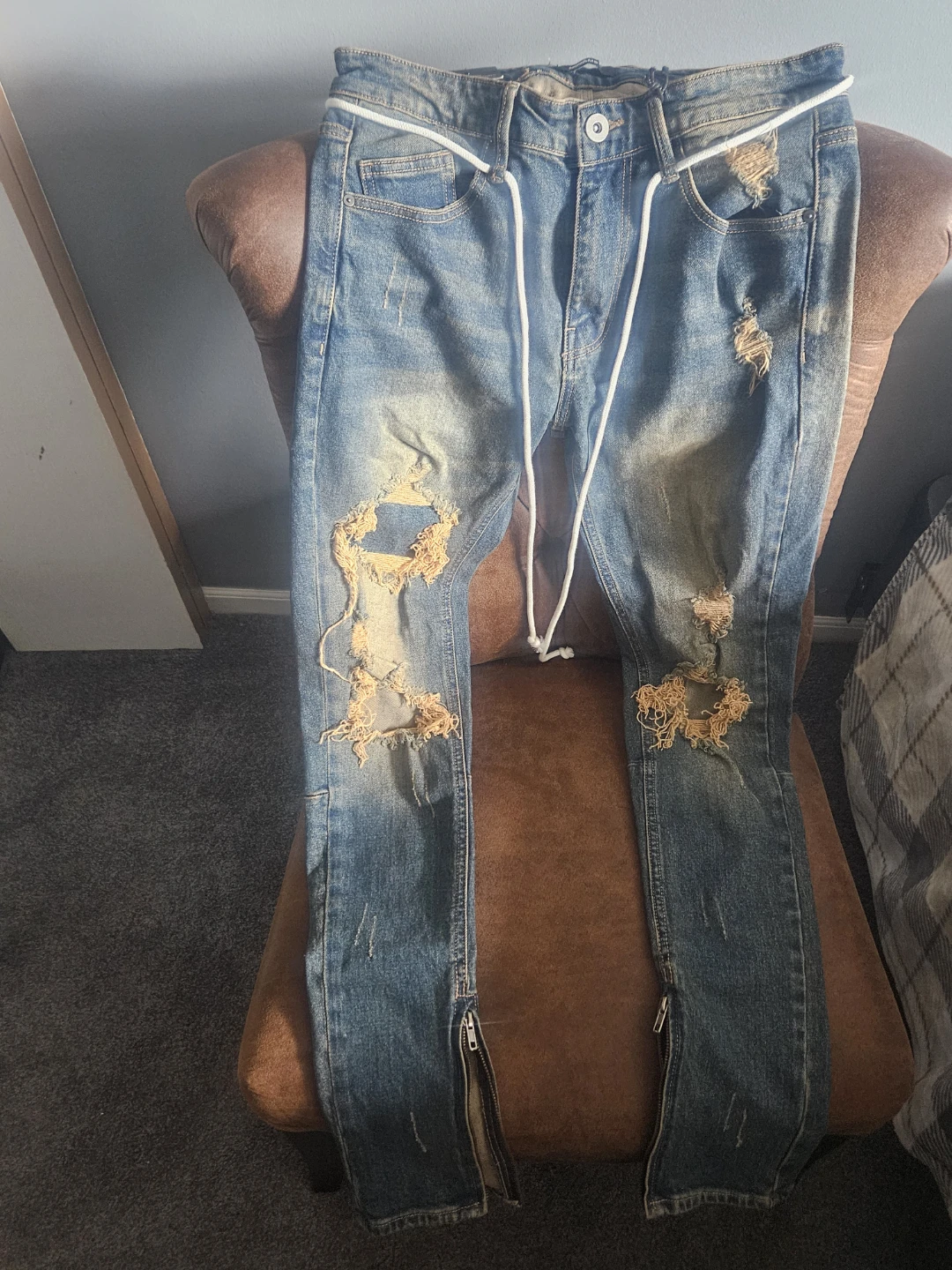 Men's Distressed Blue Jeans with Drawstring
