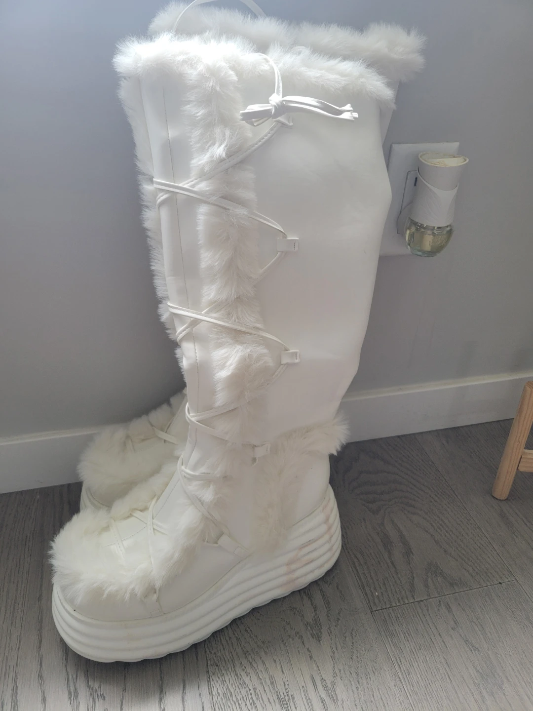 White Faux Fur Platform Boots