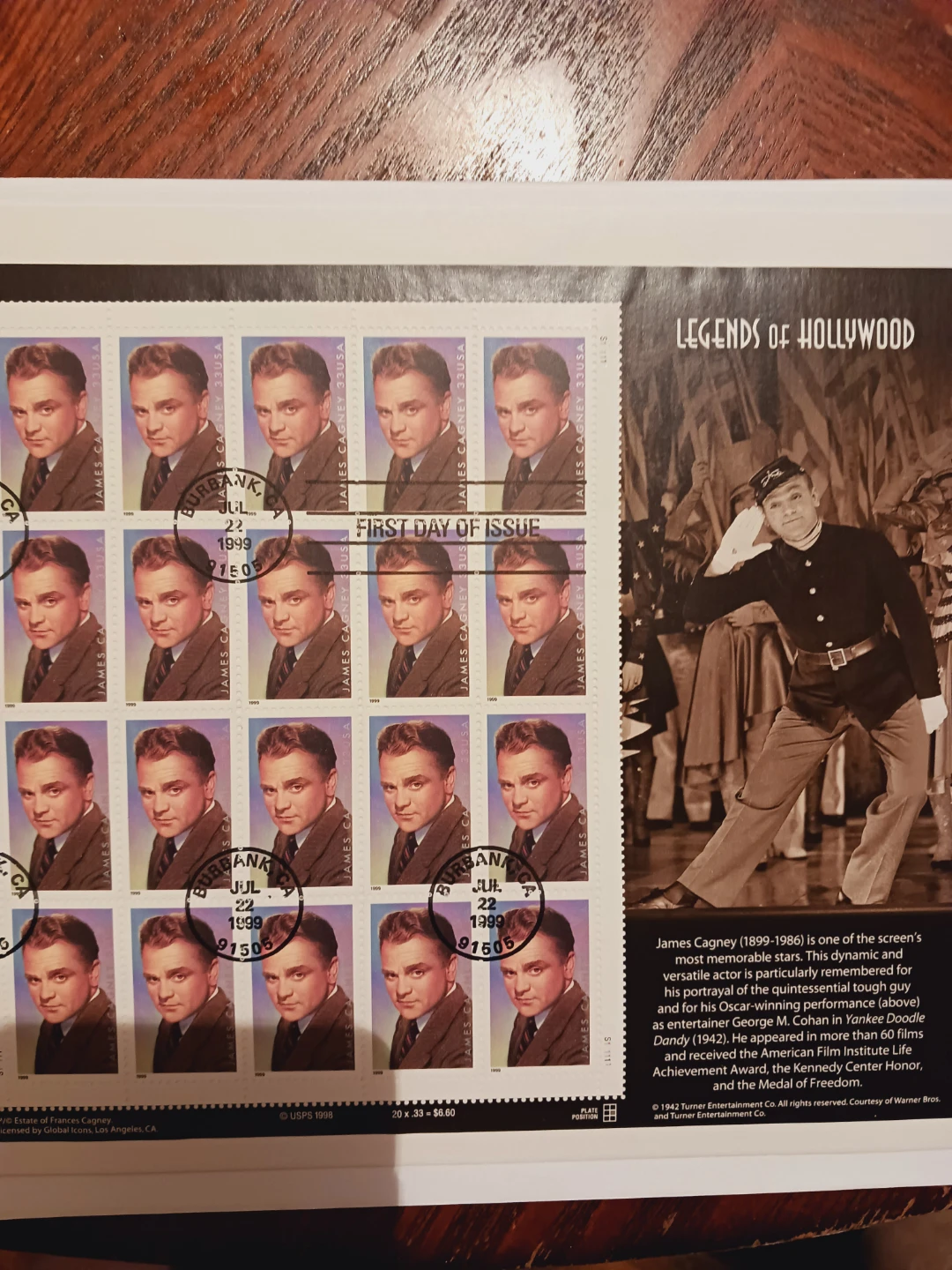 USPS James Cagney Legends of Hollywood First Day Issue Stamps