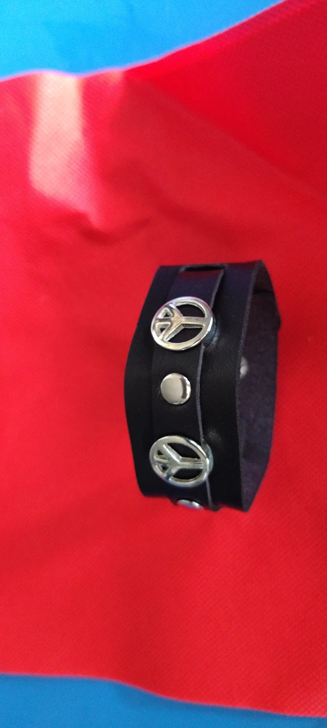 Black Leather Peace Sign Bracelet - photo 2