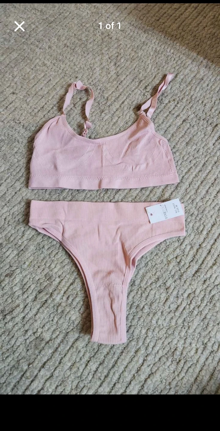 New Ribbed Bralette and Thong Set - Pink, Size M