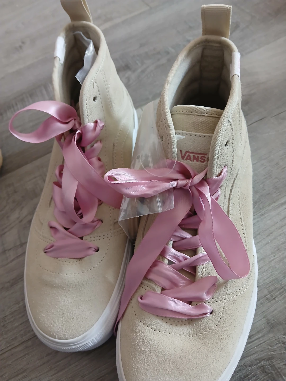 Vans Suede Sk8-Hi Platform Shoes with Pink Ribbon Laces