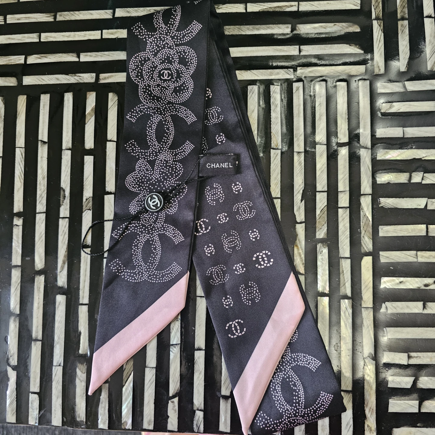 Chanel Black Silk Scarf with Pink Trim