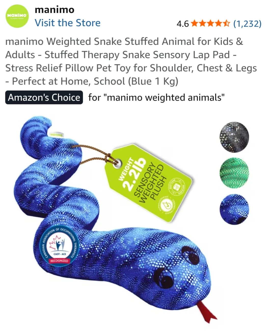 Weighted Snake Stuffed Animal - Blue 1 Kg