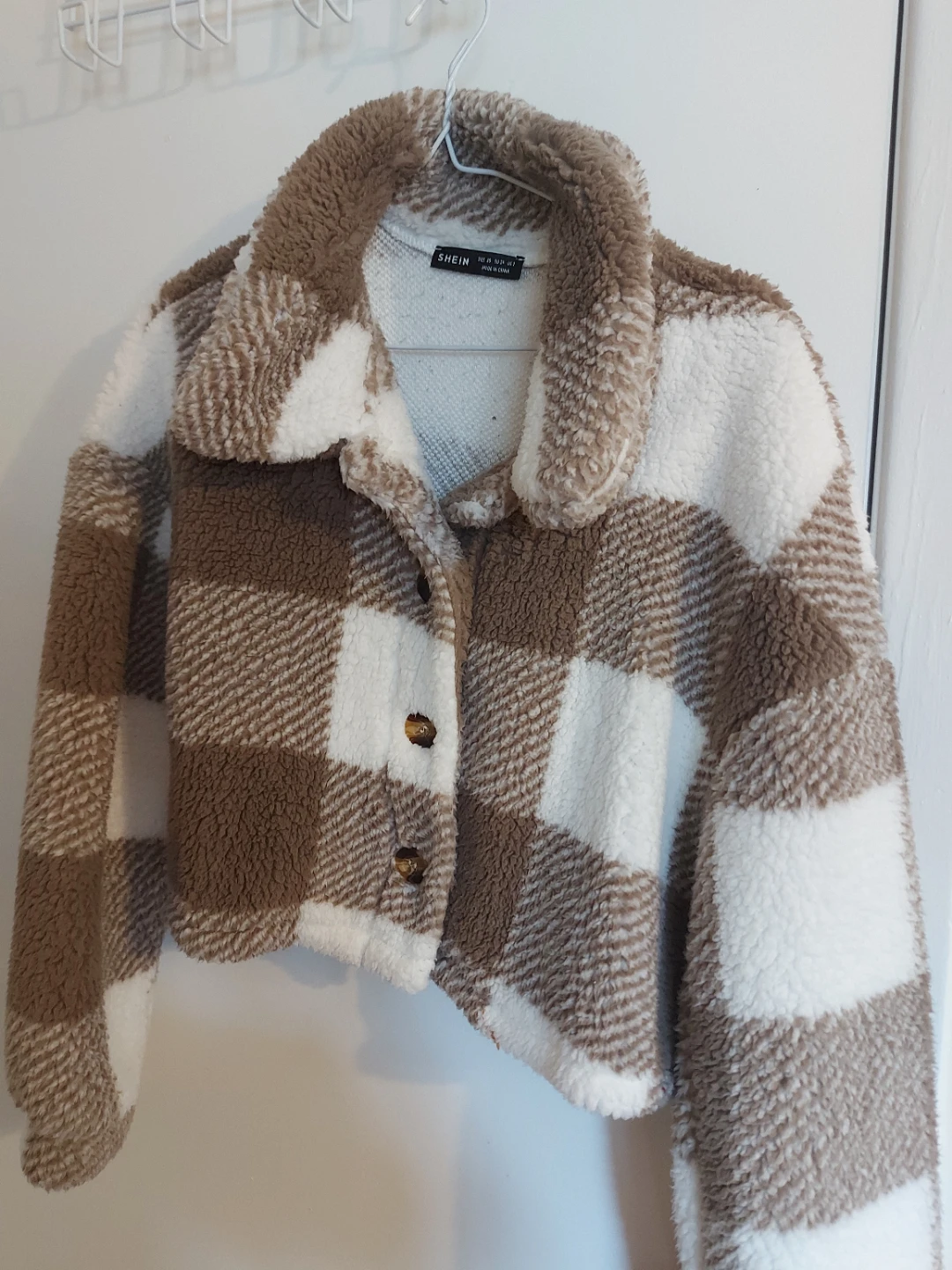 Shein Brown & White Checkered Fleece Jacket - Size M